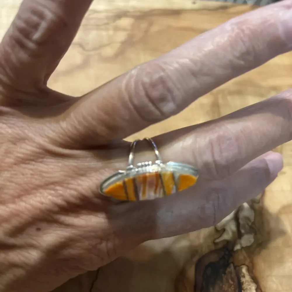 Navajo Artist Sterling Silver Spiny Oyster Inlay Ring Size 8.75 - Picture 4 of 7